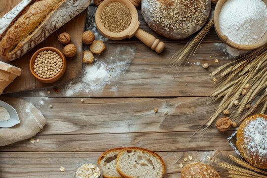 Top view of organic grains, bread, and flour on wooden background, gluten-free food