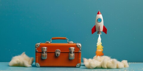 Rocket taking off near briefcase on blue background, startup concept