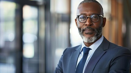 Mature African American businessman in corporate office, portrait created using AI technology - obrazy, fototapety, plakaty