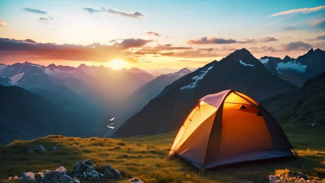 Camping on the top of a mountain in the mountains at sunset, camping tent high in the mountains at sunset, AI Generated