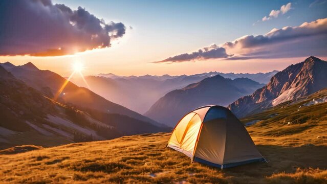 Tourist tent in the mountains at sunrise. Beautiful summer landscape, camping tent high in the mountains at sunset, AI Generated