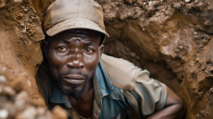 Conceptual image of African people working hard in inhumane conditions extracting minerals. Cobalt mining in the Congo