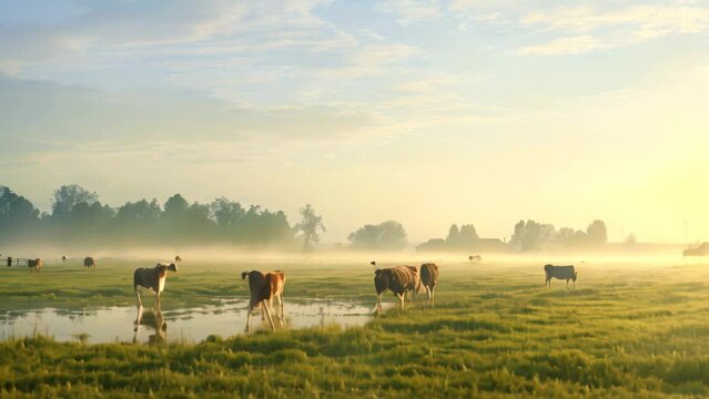 Herd of cows grazing in a meadow in the morning fog, Panorama of grazing cows in a meadow with grass covered with dewdrops and morning fog, AI Generated