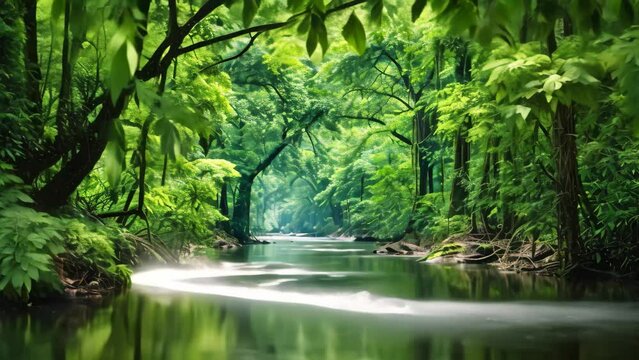 Stream in the rainforest at Taipei,Taiwan,Asia, Lush rainforest and rivers in summer, rainforest covered by green trees, AI Generated
