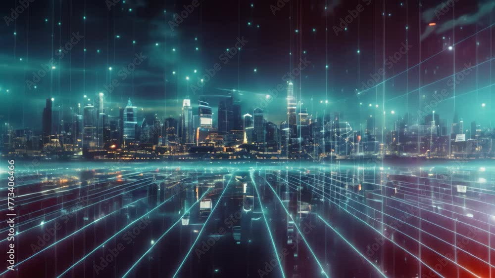 Aufkleber abstract digital technology concept with cityscape and binary code in blue tone, a futuristic urban 