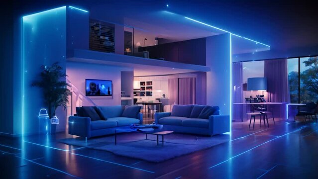 Modern bright interiors. 3d rendering toned image double exposure, A smart home interior connected with an internet connection, featuring a digital technology hologram, AI Generated