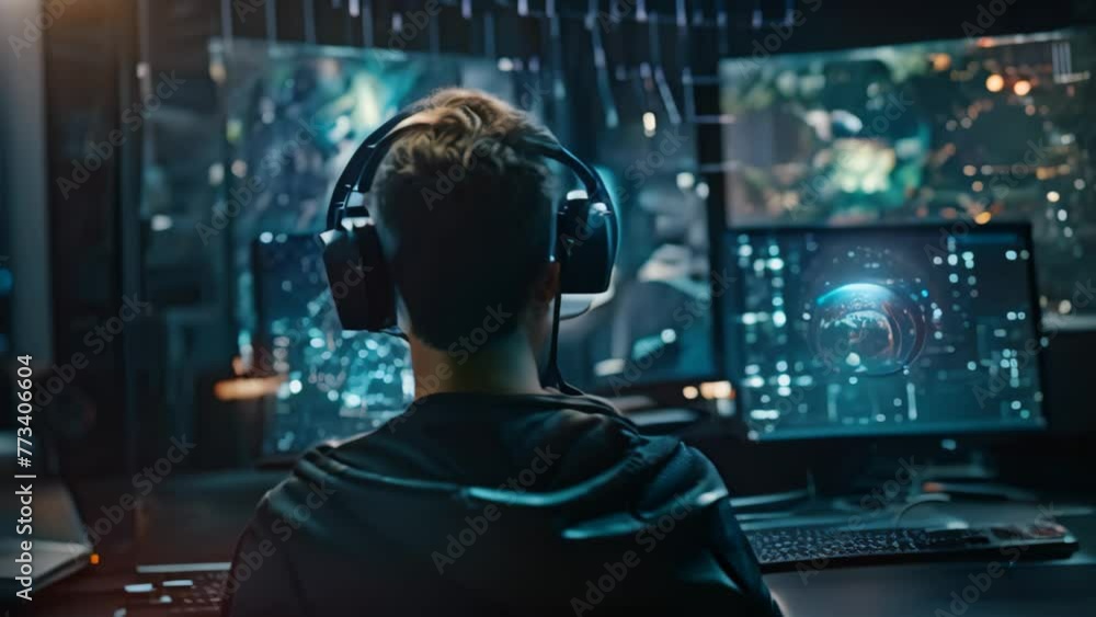Poster rear view of young man in headphones playing computer games at night, a software engineer engaged in