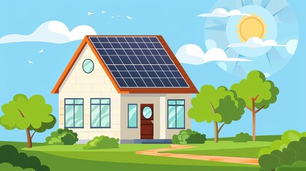 Obraz na płótnie Canvas Modern eco-friendly house with solar panels on roof, renewable energy concept illustration