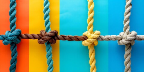 A diverse team of ropes symbolizing strength unity and cooperation against a colorful background. Concept Teamwork, Diversity, Strength, Unity, Cooperation