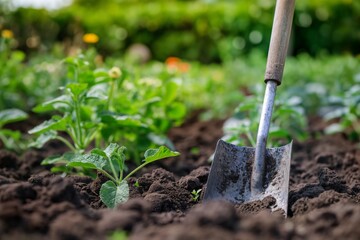 Gardening a shovel in the earth, gardening closeup, shovel in the earth closeup, gardening with shovel closeup, gardening concept, gardening background 