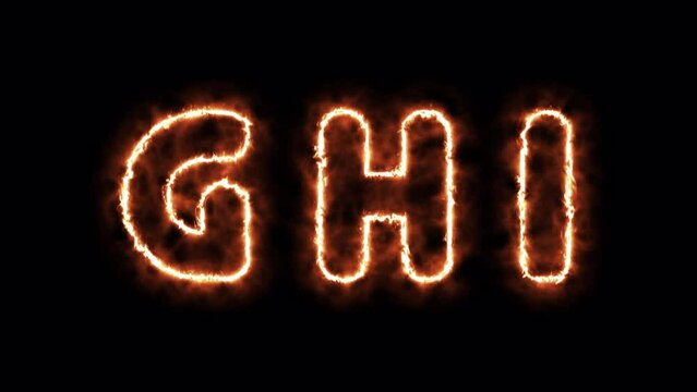 Animated alphabet letters "G H I" with fire effect , transparent background with alpha channel	
