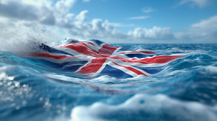 Union Jack flag floating in the water, lost at sea, sky and clouds overhead