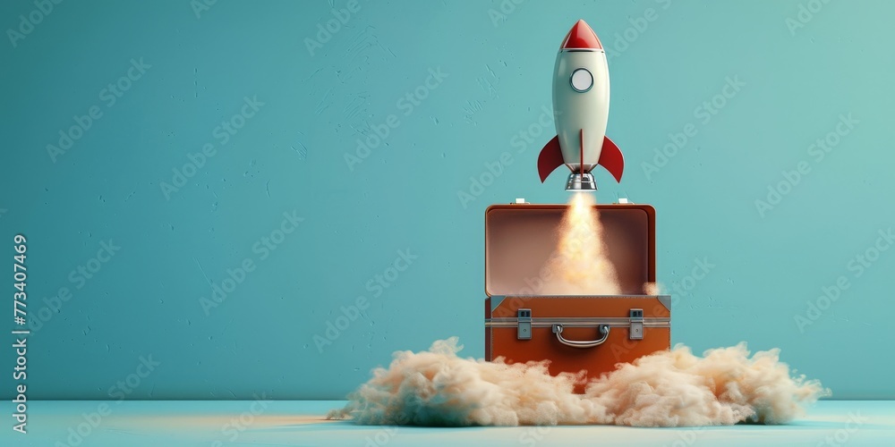 Wall mural Rocket taking off near briefcase on blue background, startup concept