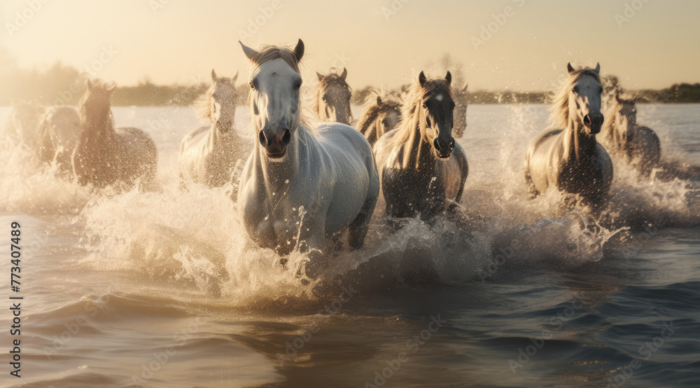 Wall mural gorgeous picture of beautiful white and brown horses racing into the sunset on the beach towards the