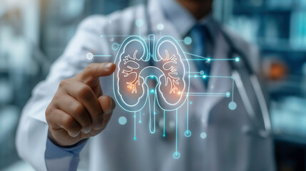 Doctor point to kidney hologram, advancements innovations with medical technology and healthcare treatment to diagnose and treatment in kidney disease.