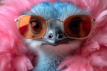 Creative animal concept. Emu bird in glam fashionable couture high end outfits isolated on bright background