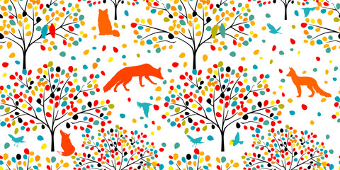 Seamless background colored forest with animals. hand drawing. Not AI, Vector illustration