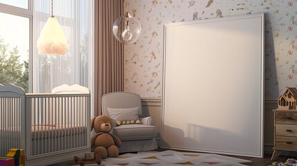 An empty canvas mockup stands in the corner of a serene baby room, the walls adorned with delicate, pastel-hued wallpaper featuring whimsical animal motifs.