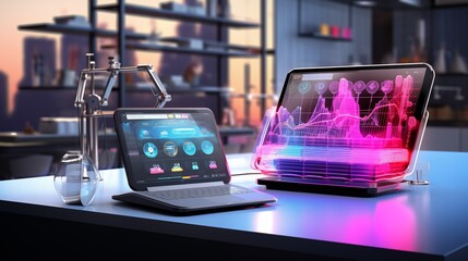Modern, technologically advanced workspace with a tablet displaying various apps and a laptop showing a holograph