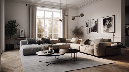 Modern living room with big comfortable corner couch, sofa in biege tones. Good Idea for home interior design.  Elegant accessories