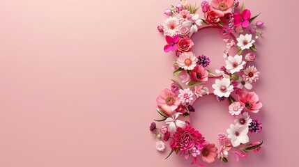 Number 8 with floral decoration, Women's Day background, copy space, digital illustration