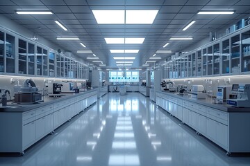 Empty scientific research lab room stylish interior with various contemporary laboratory equipment on workplace