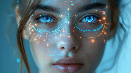 Close-up of a woman's face with futuristic digital overlays on her eyes, representing augmented reality or biometric scanning.