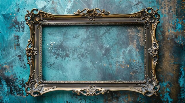 Ornate antique gold picture frame on distressed blue grunge background, vintage border design, high-resolution photo