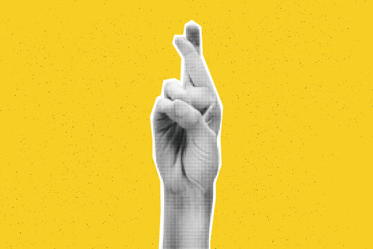 Collage element of crossed fingers hand. Halftone hand showing good luck sign, make wish. Cut out of magazine shape against yellow background with copy space. Grunge modern retro vector illustration