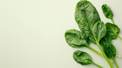 Obraz premium A bunch of spinach leaves on simple plain background with space for text.