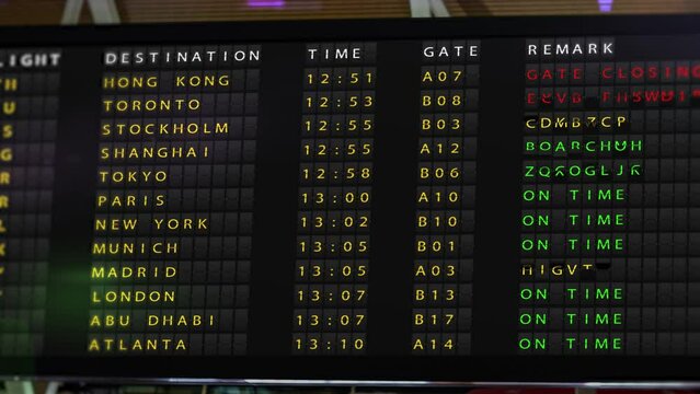 Check-in, departure and arrival information board at the airport. Change of flight status at an international airport. Information panel. High quality 4k footage