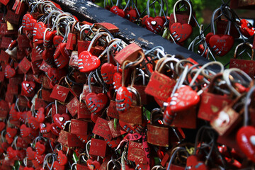 Fototapeta premium padlocks that seal love between people, hanging on a fence