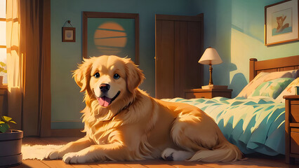 Golden retriever dog is relaxing on the floor in the room at home.