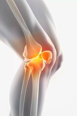 A minimalist vector illustration highlighting knee pain. The woman's leg is depicted in white lines, with the hip joint pulsating an intense orange against a stark white background.