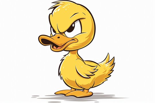 A vibrantly colored, all-yellow cartoon duck in a huff, strutting off in profile with a clean black outline. (isolated on white)