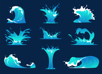 Sea waves and splashes. Cartoon blue water fountains and blowout. Aqua surges. White foam. Natural phenomenon. Ocean tsunami. Marine storm. Splashing drops. Game elements vector set - obrazy, fototapety, plakaty