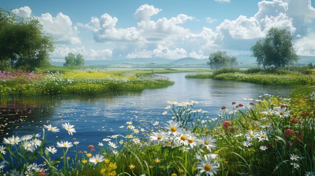 A tranquil river winding through serene countryside dotted with blooming wildflowers.