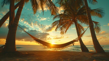 Relaxing in a hammock strung between two palm trees, gently swaying in the breeze.