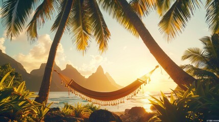 Relaxing in a hammock strung between two palm trees, gently swaying in the breeze.