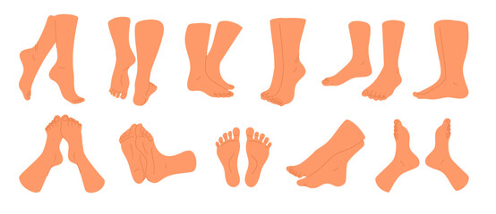 Naked feet. Different angles and positions of human legs. Male ankles. Female barefoot toes. Front, side and back view. Body parts. Tiptoe pose. Spa pedicure. Skin care. Garish vector set