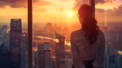 A woman in business attire enjoys the sunset over City's skyline, embodying success and urban beauty amidst skyscrapers - obrazy, fototapety, plakaty