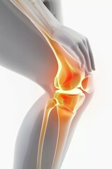 A minimalist vector illustration highlighting knee pain. The woman's leg is depicted in white lines, with the hip joint pulsating an intense orange against a stark white background.