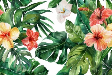 Vibrant tropical leaves and flowers pattern, exotic botanical background, watercolor illustration - obrazy, fototapety, plakaty
