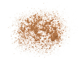 Fototapeta na wymiar Dry aromatic cinnamon powder isolated on white, top view