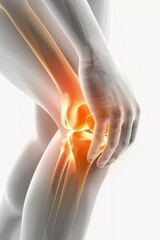 A close-up vector illustration of a woman's knee in pain, emphasizing the radiating orange glow emanating from the inflamed hip joint. Clean white background and simple lines define the anatomy.