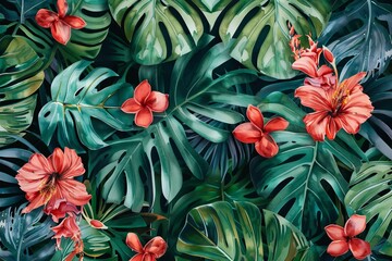 Vibrant tropical leaves and flowers pattern, exotic botanical background, watercolor illustration - obrazy, fototapety, plakaty