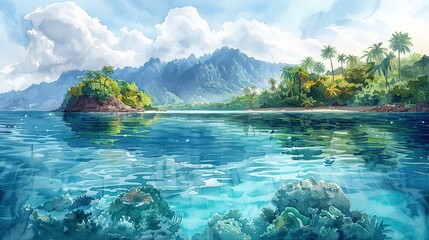 colorful watercolor illustration a relaxing beach scene, showcasing the serene beauty of the sea, capturing the essence of a tropical island summer vacation