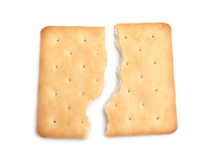 Crispy broken cracker isolated on white, top view