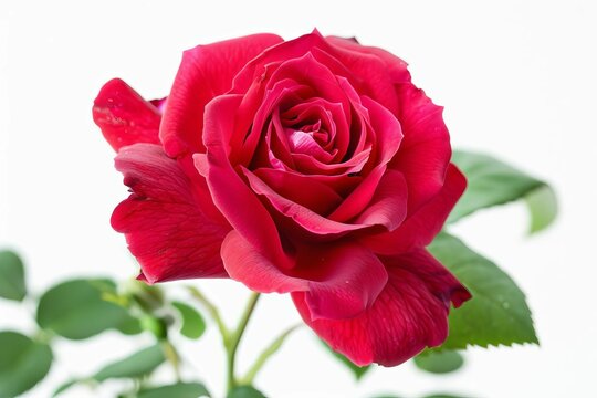 Vibrant red rose flower in full bloom, isolated on white, floral still life photography