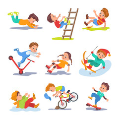Falling children. Kids lose balance. People stumble or slip. Traumatic situation. Bruises or scratches. Boy rides bicycle. Girl tripping at skateboard. Fall accident. Splendid vector set